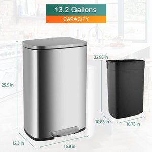 13.2 Gallon(50L) Trash Can, Fingerprint Proof Stainless Steel Kitchen Garbage Can with Removable Inner Bucket and Hinged Lids, Pedal Rubbish Bin for Home Office