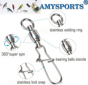 BALUOYA Duo Lock Snap Fishing Swivels Stainless Barrel Swivels Fishing Lure Snap Swivels Ball Bearing Swivels Fishing Tackle for Saltwater Fishing Freshwater Fishing