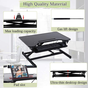 32" Standing Desk, Height Adjustable Stand Up Desk Converter Sit to Stand Desk Gas Spring Riser with Keyboard Tray, Ergonomic Home Office Computer Workstation for Desktop Laptop Dual Monitors, Black