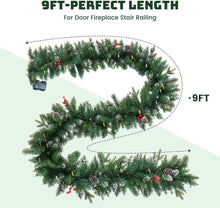 Load image into Gallery viewer, 9Ft Pre-Lit Christmas Garland, Artificial Holiday PE Mixed Garland with Battery Operated 50 LED Lights, Xmas Decoration Flocked Garland with Pine Cones and Timer for Walls Stairs Fireplaces
