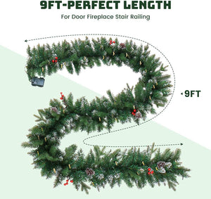 9Ft Pre-Lit Christmas Garland, Artificial Holiday PE Mixed Garland with Battery Operated 50 LED Lights, Xmas Decoration Flocked Garland with Pine Cones and Timer for Walls Stairs Fireplaces