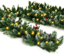 Load image into Gallery viewer, 9Ft Pre-Lit Christmas Garland, Artificial Holiday PE Mixed Garland with Battery Operated 50 LED Lights, Xmas Decoration Flocked Garland with Pine Cones and Timer for Walls Stairs Fireplaces
