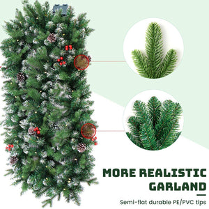 9Ft Pre-Lit Christmas Garland, Artificial Holiday PE Mixed Garland with Battery Operated 50 LED Lights, Xmas Decoration Flocked Garland with Pine Cones and Timer for Walls Stairs Fireplaces